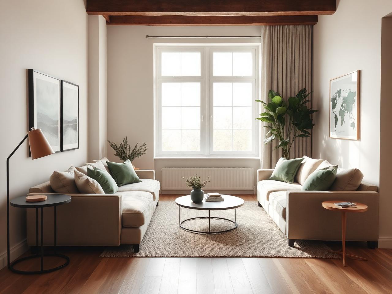 Light-filled Melbourne apartment living area prepared for guests